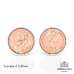 1966 Australian two cent coins in silver cufflinks, frilled-neck lizard beside the Elizabeth II side