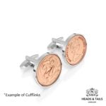 Pair of silver cufflinks set with copper Australian two cent coins, frilled-neck lizard and Queen's portrait