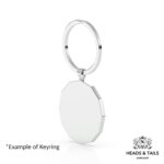 Silver keyring showing the plain polished back of a twelve sided disc, on white