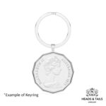 Silver keyring with a 1977 Australian fifty cent coin, twelve sided, Queen's head facing right