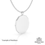 Back of a twelve-sided coin pendant, plain polished silver, hanging from a silver snake chain
