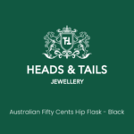 Dark green Heads & Tails Jewellery placeholder card with the lion crest logo and the words Australian Fifty Cents Hip Flask - Black