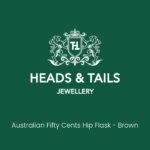 Dark green Heads & Tails Jewellery placeholder card with the lion crest logo and the words Australian Fifty Cents Hip Flask - Brown