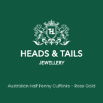Dark green Heads & Tails Jewellery placeholder card with the lion crest logo and the words Australian Half Penny Cufflinks - Rose Gold