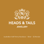 Heads & Tails Jewellery placeholder card, white crest on mustard, captioned "Australian Half Penny Necklace - Silver - 3D Render"