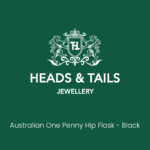 Dark green Heads and Tails Jewellery placeholder card reading Australian One Penny Hip Flask - Black