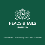 Dark green Heads and Tails Jewellery placeholder card reading Australian One Penny Hip Flask - Brown