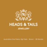 Heads & Tails Jewellery placeholder card, white crest on mustard, captioned "Australian One Penny Hip Flask - Brown - 3D Render"