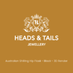 Heads & Tails Jewellery placeholder card, white crest on mustard, captioned "Australian Shilling Hip Flask - Black - 3D Render"