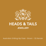 Heads & Tails Jewellery placeholder card, white crest on mustard, captioned "Australian Shilling Hip Flask - Brown - 3D Render"