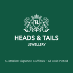 Dark green Heads & Tails Jewellery placeholder card with the lion crest logo and the words Australian Sixpence Cufflinks - All Gold Plated