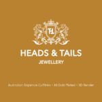 Mustard-gold placeholder card, white Heads & Tails Jewellery crest above the line "Australian Sixpence Cufflinks - All Gold Plated - 3D Render".