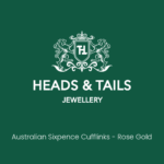 Dark green Heads & Tails Jewellery placeholder card with the lion crest logo and the words Australian Sixpence Cufflinks - Rose Gold