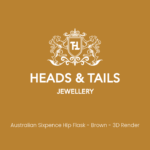 Mustard-gold placeholder card, white Heads & Tails Jewellery crest above the line "Australian Sixpence Hip Flask - Brown - 3D Render".