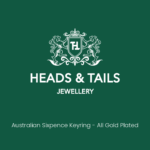 Dark green Heads & Tails Jewellery placeholder card with the lion crest logo and the words Australian Sixpence Keyring - All Gold Plated