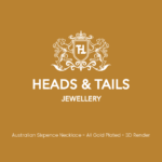 Mustard-gold placeholder card, white Heads & Tails Jewellery crest above the line "Australian Sixpence Necklace - All Gold Plated - 3D Render".