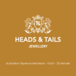 Mustard-gold placeholder card, white Heads & Tails Jewellery crest above the line "Australian Sixpence Necklace - Gold - 3D Render".