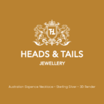 Mustard-gold placeholder card, white Heads & Tails Jewellery crest above the line "Australian Sixpence Necklace - Sterling Silver - 3D Render".