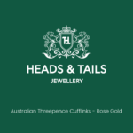 Dark green Heads & Tails Jewellery placeholder card with the lion crest logo and the words Australian Threepence Cufflinks - Rose Gold