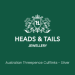 Dark green Heads & Tails Jewellery placeholder card with the lion crest logo and the words Australian Threepence Cufflinks - Silver