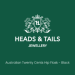 Dark green Heads & Tails Jewellery placeholder card with the lion crest logo and the words Australian Twenty Cents Hip Flask - Black