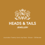 Mustard-gold placeholder card, white Heads & Tails Jewellery crest above the line "Australian Twenty Cents Hip Flask - Brown - 3D Render".