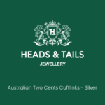Dark green Heads and Tails Jewellery placeholder graphic, crest and shop name above the words Australian Two Cents Cufflinks - Silver