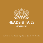 Heads & Tails placeholder card on mustard gold, white lion crest above the line "Australian Two Cents Hip Flask - Black - 3D Render"