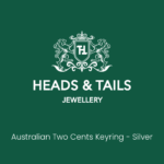Dark green Heads and Tails Jewellery placeholder graphic, crest and shop name above the words Australian Two Cents Keyring - Silver