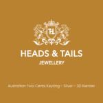 Heads & Tails placeholder card on mustard gold, white lion crest above the line "Australian Two Cents Keyring - Silver - 3D Render"