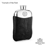 Pewter hip flask with a 2000 US Jefferson nickel on the front, lower half in a black leather sleeve