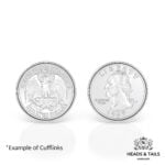 Two US quarter cufflink faces side by side in silver bezels: eagle reverse and 1967 Washington head