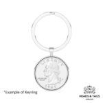 1967 US quarter with Washington portrait in a polished silver bezel on a flat split-ring keyring