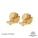 Backs of a pair of round gold cufflinks with swivel bar fittings, plain reverse, white background