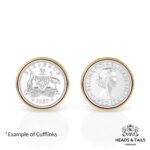 Two 1957 Australian sixpences in gold bezels, coat of arms on the left and Queen's head on the right