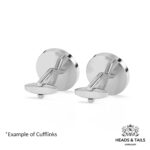 Backs of a pair of round silver cufflinks with swivel bar fittings, plain reverse, white background