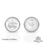 Two 1957 Australian sixpences in silver bezels, coat of arms on the left and Queen's head on the right