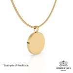 Plain back of a round gold pendant on a gold snake chain, white background, marked as an example of the necklace