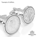 Close-up of Australian threepence cufflinks in silver bezels, Elizabeth II portrait and wheat ears