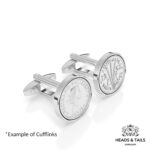 Pair of silver cufflinks angled to show a 1957 Australian threepence and the Elizabeth II side
