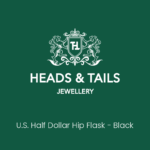 Dark green Heads and Tails Jewellery placeholder graphic, crest and shop name above the words U.S. Half Dollar Hip Flask - Black