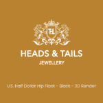Heads & Tails placeholder card on mustard gold, white lion crest above the line "U.S. Half Dollar Hip Flask - Black - 3D Render"