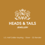 Heads & Tails placeholder card on mustard gold, white lion crest above the line "U.S. Half Dollar Keyring - Silver - 3D Render"