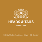 Heads & Tails placeholder card on mustard gold, white lion crest above the line "U.S. Half Dollar Necklace - Silver - 3D Render"
