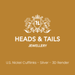 Heads & Tails placeholder card on mustard gold, white lion crest above the line "U.S. Nickel Cufflinks - Silver - 3D Render"