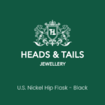 Dark green Heads and Tails Jewellery placeholder graphic, crest and shop name above the words U.S. Nickel Hip Flask - Black