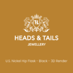 Heads & Tails placeholder card on mustard gold, white lion crest above the line "U.S. Nickel Hip Flask - Black - 3D Render"
