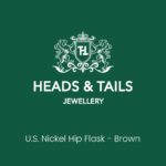 Dark green Heads and Tails Jewellery placeholder graphic, crest and shop name above the words U.S. Nickel Hip Flask - Brown