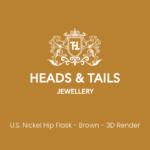 Heads & Tails placeholder card on mustard gold, white lion crest above the line "U.S. Nickel Hip Flask - Brown - 3D Render"