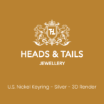 Heads & Tails placeholder card on mustard gold, white lion crest above the line "U.S. Nickel Keyring - Silver - 3D Render"
